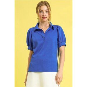 Umgee Side Zip Striped Puff‎ Sleeve Polo